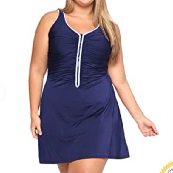DELIMIRA Women's Plus Size  Swimsuit Zip Front Skirted Bathing Suits Swimdress - Picture 2 of 7